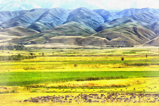 Colorful painting of beautiful mountain landscape with flock of sheep at foreground, Kyrgyzstan.