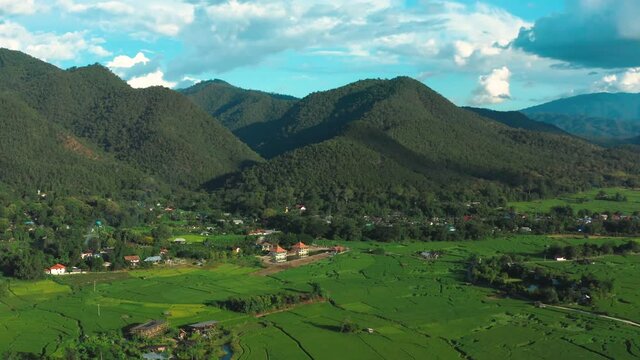 Aerial view of Pai rice terraces, river and mountain in Mae Hong Son, Chiang Mai, thailand