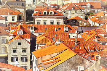 Cityscape of Dubrovnik old town colorful painting looks like picture, Dalmatia, Croatia.