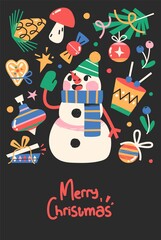 Christmas or New Year Card With Cute Christmas Characters And Objects.
