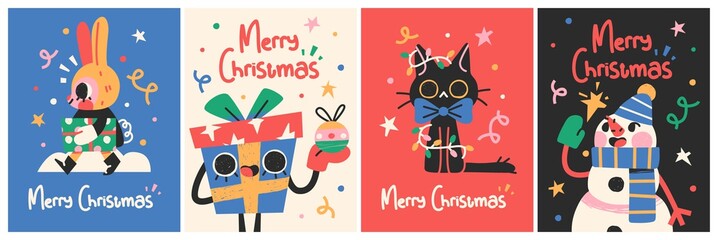 New Year 2021 And Christmas Greeting Card collection. Cute holiday characters and situations