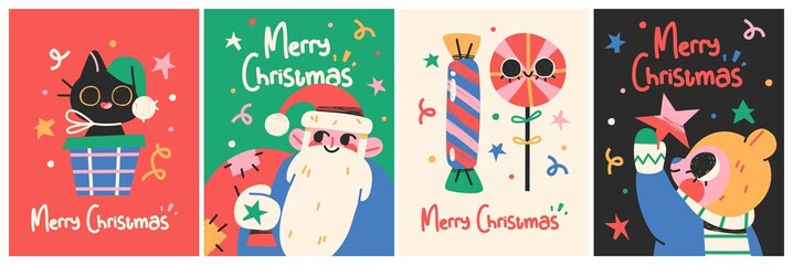 New Year 2021 And Christmas Greeting Card collection. Cute holiday characters and situations
