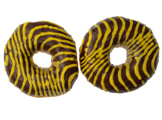 Two American donuts covered with chocolate and with yellow stripes on a white background