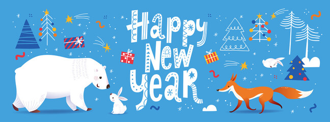 Happy New Year social media banner in Nordic Scandinavian hand drawn style with cute animals.