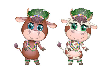 A pair of cute cartoon bull and cow with beautiful eyes is the character of a Hawaiian hula dancer among leaves