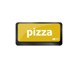 Computer keyboard with blue pizza word on enter key