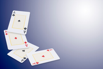 Four aces cards floating over blue background with copy space