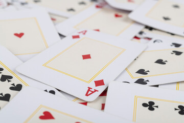 Narrow focus playing cards with an ace on the middle