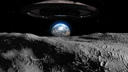 3d rendering-Flying saucer ufo heading toward Earth from the moon © ImageBank4U