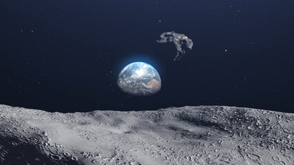 Obraz na płótnie Canvas Asteroids meteor rock Flying close to moon toward earth 3d rendering cinematic vision, outer space view 