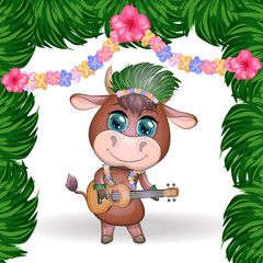 Cute cartoon bull, cow with beautiful eyes, Hawaiian hula dancer character with ukulele guitar among leaves, flowers. Chinese new year cute bull mascot