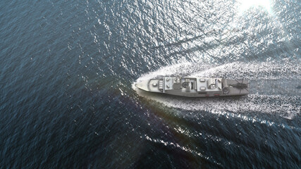 Navy Ship in the sea aerial view
birds eye view of warship in the ocean
