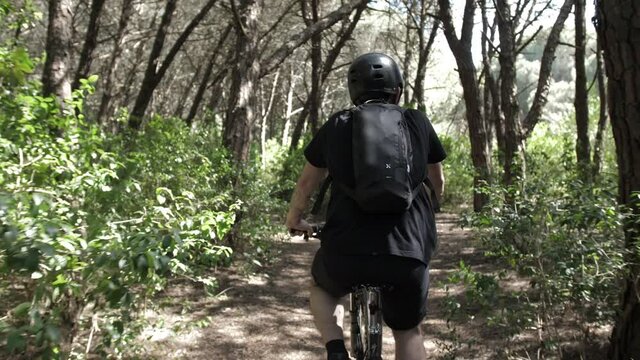 young man rides downhill mountain bike in forest 4k