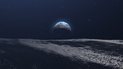 3d rendering-Planet Earth revealed from moon rocky surface