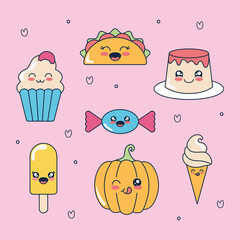 kawaii candy and food icon set, flat style