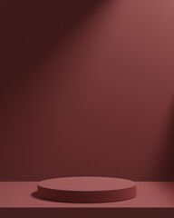 Minimal stage mock up. Dark red cylinder base. Pedestal for display. Empty product stand. Squares pattern on background stand. 3d render illustration