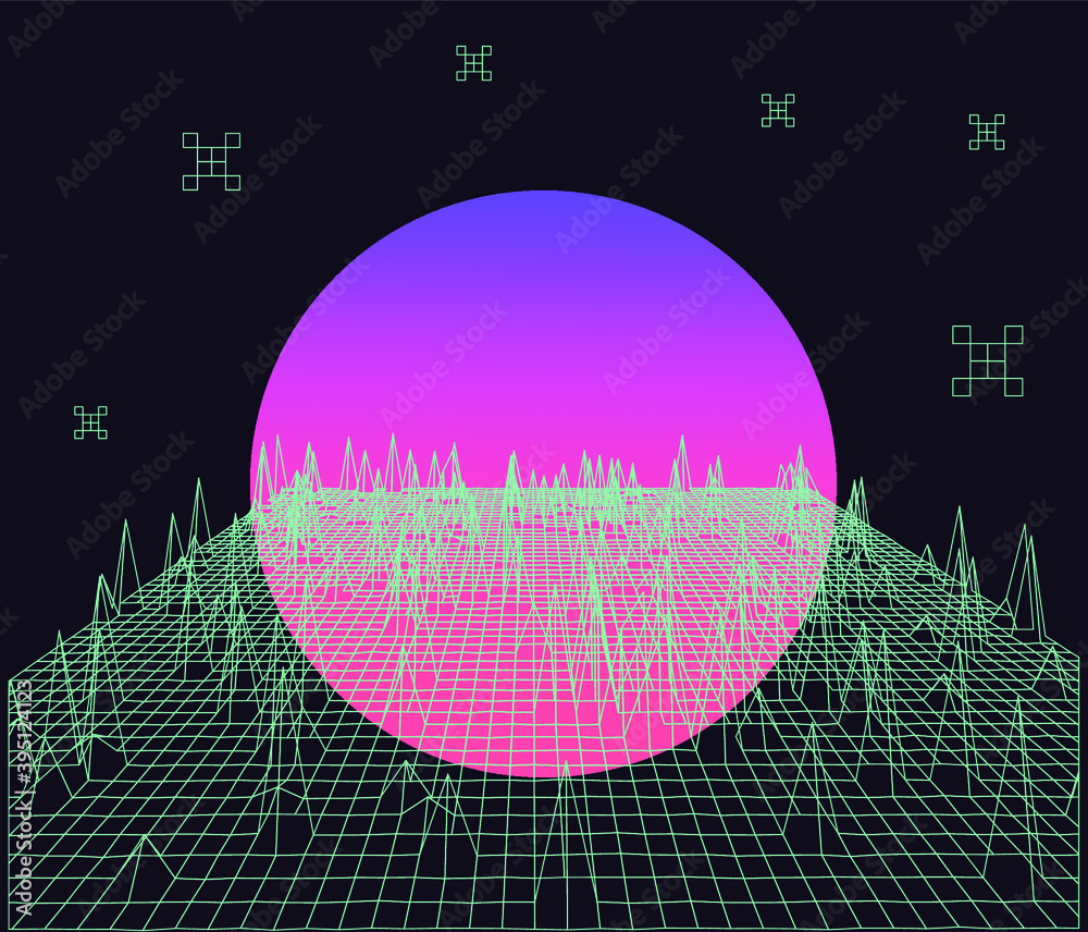 Poster retro synthwave sunrise. futuristic sci-fi landscape with sun above the endless laser grid like in o