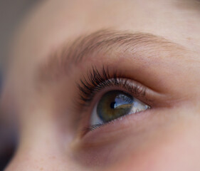 the opened girl's eye with long lashes - close up with city reflection