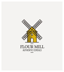 tampon moulin, architecture, producteur de farine, céréales, variétés anciennes, logo, label, cachet, rétro, trait, illustration