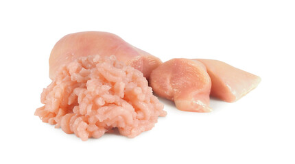Minced meat of chicken fillet with sliced breast isolated on white background