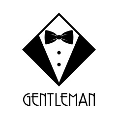 Logotipo con texto GENTLEMAN con esmoquin en rombo en color negro