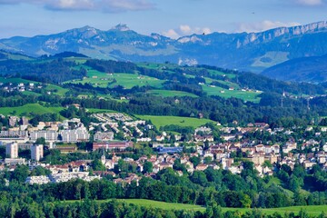 A view over St. Gallen-Bruggen, some Appenzell hills and the mountain range of the Alpstein with Mount Hoher Kasten.