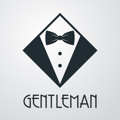 Logotipo con texto GENTLEMAN con esmoquin en rombo en fondo gris