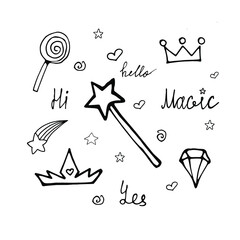 Cute magic doodle style elements. For your design. Hand drawn vector