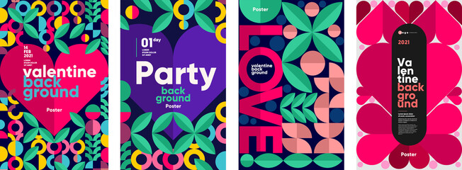 Valentine's day posters, valentines with abstract, geometric background. Geometric prints, geometric patterns. Set of vector posters or event banner.