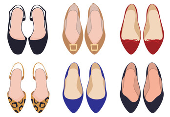 Set of shoes. Women's shoes, top view. Leopard shoes. with buckles. Isolated vector illustration