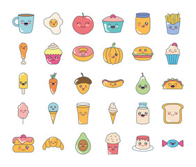 kawaii coffee mug and food icon set, flat style