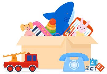 Set of toys. Children's games. Soft toys, cars, dolls. isolated vector illustration