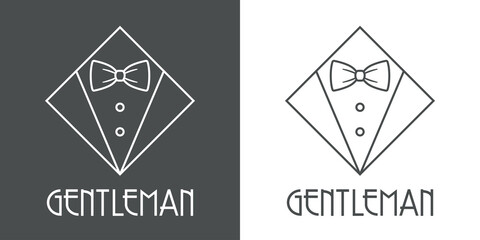 Logotipo con texto GENTLEMAN con esmoquin en rombo con lineas en fondo gris y fondo blanco