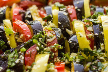 Ratatouille Diet Vegetarian Vegan Food - A traditional French Provencal vegetable dish, raw ingredients for baking in the oven, macro photo.