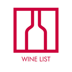 Logotipo con texto Wine List con botella de vino con lineas en cuadrado en color granate