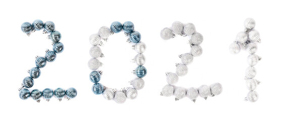 Numeral 2021 from decorative balls on white background.