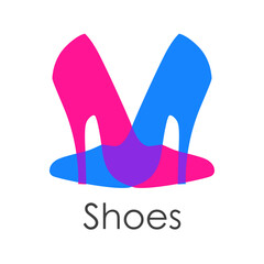 Tienda de zapatos. Logotipo con texto Shoes con zapatos de mujer de tacón alto en piezas separadas en varios colores