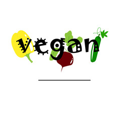 doodle style lettering decorated with vegetables. print for design on the theme of healthy food and vegan menu. doodle pictures in a modern style.