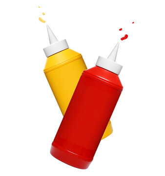 Flying ketchup and mustard plastic bottles, isolated on white background