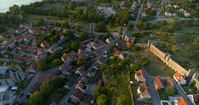 Aerial view over the old part of Visby inside the city walls, On the island of Gotland in Sweden.