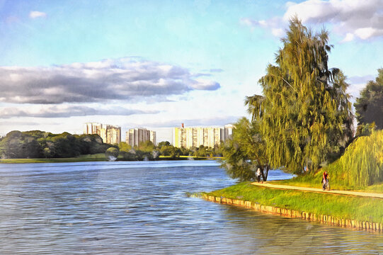Cityscape with pond on the foreground colorful painting looks like picture.