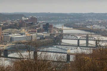 Bridges of Pittsburgh from mountain top (Grandview)