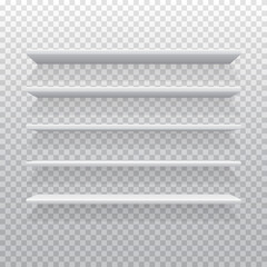 Five white realistic shelves. Mock up or template of empty shelf isolated on transparent background. Part of interior for your design. Vector illustration.