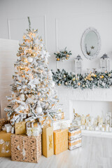 New Year's interior with a fir tree in white tones