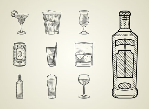 tequila bottle and alcoholic drinks icon set, sketch style