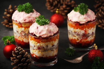 Dressed herring or herring under fur - traditional Russian salad