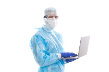 medical worker man in protective costume isolated on white keep safe of covid19 sars virus pandemic...