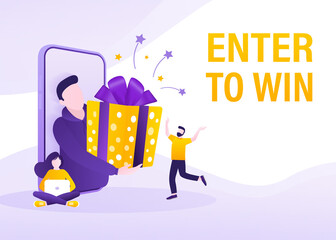 Cartoon character enter to win prizes. Holiday banner. Vector design banner. Win prize. Vector illustration.