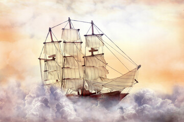 Dream world. Sailing ship floating among wonderful fluffy clouds