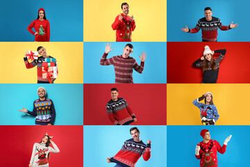 Collage with photos of women and men in different Christmas sweaters on color backgrounds